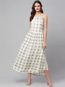 KALINI Checked Shoulder Straps Gathered A-Line Midi Dress