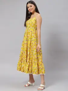 KALINI Floral Printed Shoulder Straps Pom-Pom Detail Tiered A-Line Midi Dress