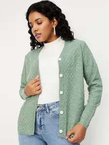 max Geometric Self Design V-Neck Long Sleeves Acrylic Cardigan Sweater