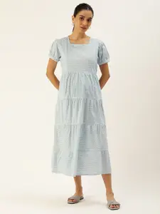 Nejo Geometric Print Puff Sleeves Pure Cotton Maternity A-Line Midi Dress