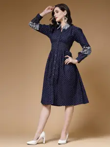 Indibelle Floral Printed Shirt Collar Puff Sleeves Denim Shirt Midi Dress