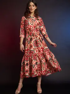 DressBerry Red & Beige Bohemian Printed Shirt Collar Belted Flounce Fit & Flare Midi Dress