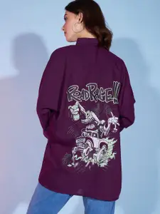 DressBerry Purple & Sea Green Graphic Printed Oversized Casual Shirt