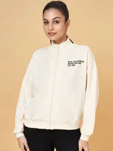 Ajile by Pantaloons Typography Printed Mock Collar Ribbed Cotton Front-Open Sweatshirt