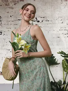 DressBerry Green Ethnic Motifs Printed Cut-Out Detailed Chiffon A-Line Midi Dress