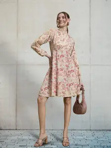 DressBerry Beige Floral Printed Puff Sleeves Accordion Pleated Fit & Flare Dress