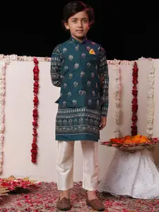 VASTRAMAY Boys FloralPrinted Kurta with Pyjamas & Nehru Jacket