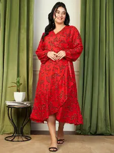 CURVE BY KASSUALLY Plus Size Red Floral Printed Ruffled Georgette Wrap Midi Dress