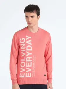 Flying Machine Typography Printed Long Sleeves Pure Cotton Pullover Sweater