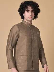 MAAHI FABS Mandarin Collar Straight Kurta & Churidar With Nehru Jacket