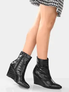 MISEEN Women Textured Wedge-Heeled Mid-Top Regular Boots