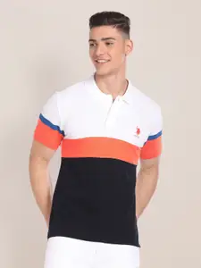 U.S. Polo Assn. Colourblocked Polo Collar Pure Cotton Slim Fit T-shirt