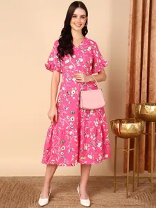 AHIKA Pink Floral Printed Georgette Fit & Flare Midi Dress