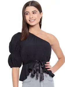 BAESD One Shoulder Puff Sleeve Crepe Cinched Waist Top
