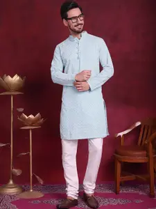 Jompers Floral Embroidered Chikankari Mandarin Collar Pure Cotton Kurta With Churidar