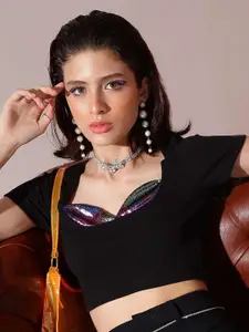 Oomph! Self Design Sweetheart Neck Sheen Detail Tank Crop Top