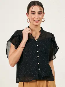 Marie Claire Polka Dots Printed Flared Sleeves Chiffon Shirt Style Top