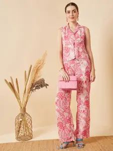 Marie Claire Pink Printed Cuban Collar Sleeveless Top & Trousers