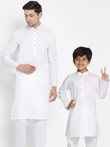 VASTRAMAY Mandarin Collar White Romance Cotton Linen Straight Kurta