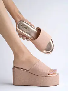Stylestry Shimmered Open Toe Flatform Heel Mules