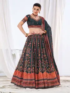 ODETTE Floral Printed Semi-Stitched Sequinned Lehenga & Unstitched Blouse With Dupatta