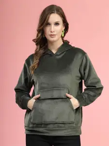 plusS Women Olive Green Hooded Sweatshirt