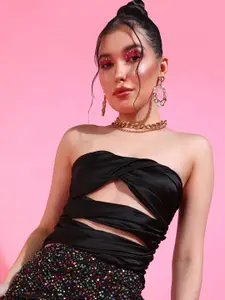 Oomph! Strapless Twisted Smocked Satin Crop Tube Top With Cut Outs