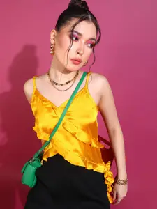 Oomph! Shoulder Strapped Ruffled Satin Cropped High-Low Top