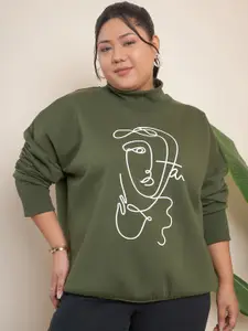 CURVY STREET Plus Size Graphic Printed High Neck Pure Cotton Pullover