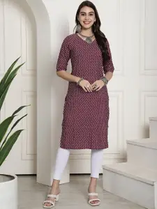 7Threads Ethnic Motifs Printed V-Neck Crepe Straight  Kurta