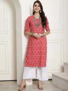 7Threads Ethnic Motifs Printed Three-Quarter Sleeve Crepe Straight Kurta