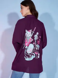 DressBerry Purple & Sea Green Graphic Printed Oversized Casual Shirt