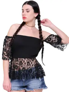 MARZENI Off-Shoulder Lace Inserts Cinched Waist Top