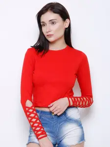 MARZENI Lace-Up Detail Sleeves Round Neck Crop Top