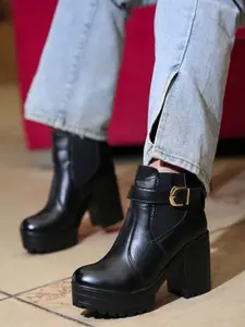 Stylestry Women Platform Heeled Buckle Detail Mid-Top Chelsea Boots