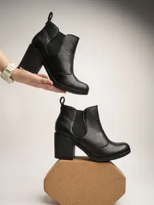 Stylestry Women Textured Block Heeled Mid-Top Chelsea Boots