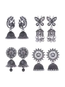 MEENAZ Set Of 4 Silver-Plated Peacock Shaped Jhumkas