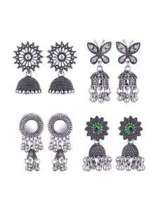 MEENAZ Set Of 4 Silver-Plated Peacock Shaped Jhumkas