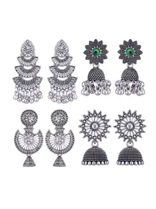 MEENAZ Set Of 4 Silver Plated Stone Studded Oxidised Dome Shaped Stainless Steel Jhumkas