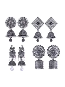 MEENAZ Set Of 4 Silver Plated Beaded Oxidised Dome Shaped Stainless Steel Jhumkas