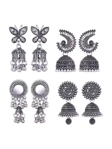 MEENAZ Set Of 4 Silver-Plated Peacock Shaped Jhumkas
