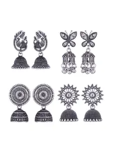 MEENAZ Set Of 4 Silver-Plated Dome Shaped Jhumkas