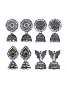 MEENAZ Set Of 4 Silver Plated Oxidised Dome Shaped Stainless Steel Jhumkas