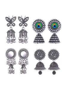 MEENAZ Set Of 4 Silver-Plated Dome Shaped Jhumkas