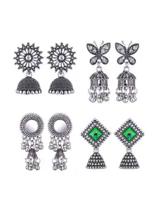 MEENAZ Set Of 4 Silver Plated Stone Studded Oxidised Dome Shaped Stainless Steel Jhumkas
