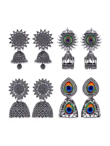 MEENAZ Set Of 4 Silver Plated Oxidised Dome Shaped Stainless Steel Jhumkas