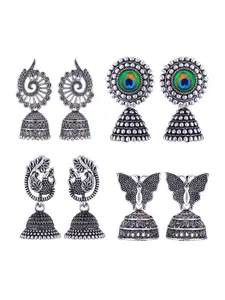 MEENAZ Set Of 4 Silver Plated Oxidised Dome Shaped Stainless Steel Jhumkas