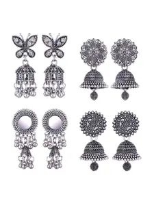 MEENAZ Set Of 4 Silver-Plated Stone-Studded & Beaded Stainless Steel Oxidised Jhumkas