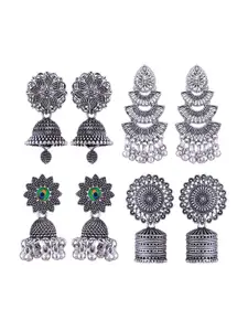 MEENAZ Set Of 4 Silver-Plated Dome Shaped Jhumkas