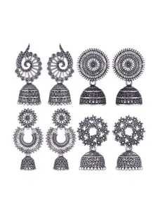 MEENAZ Set Of 4 Silver-Plated Dome Shaped Jhumkas